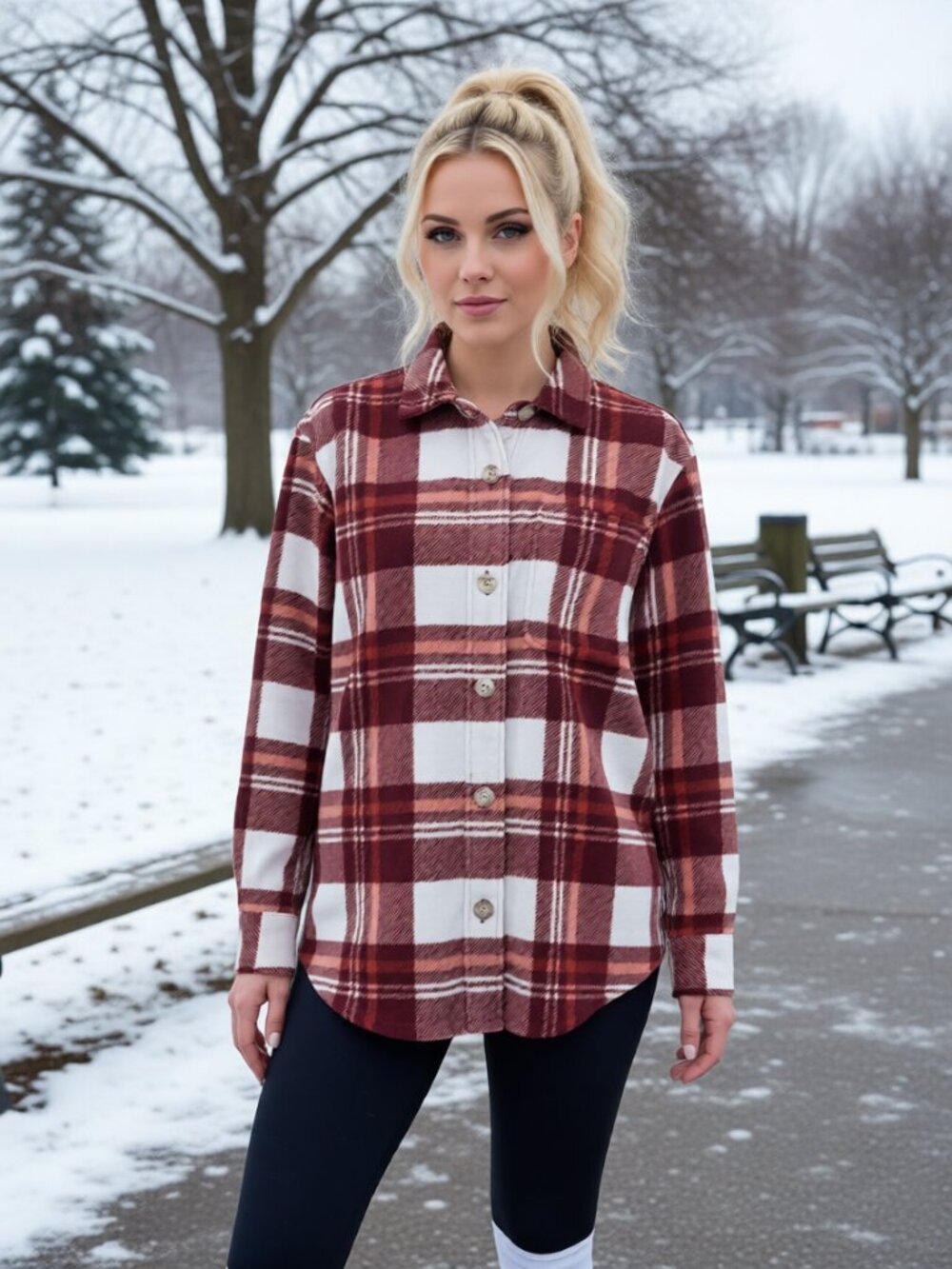 Eddie Bauer Microfleece Plaid Button-Up Shirt - Rust White